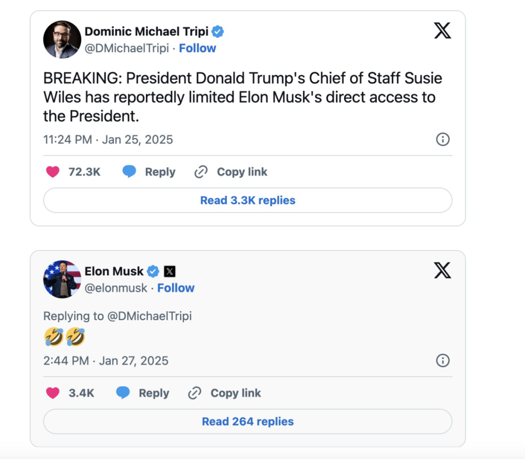 “被限制直接接触特朗普”？马斯克回了俩表情